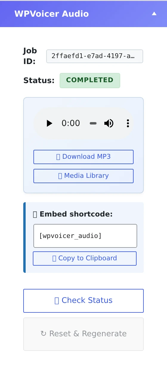 WPVoicer Audio metabox inside the WordPress post editor: generate audio, play, download MP3 and embed shortcode