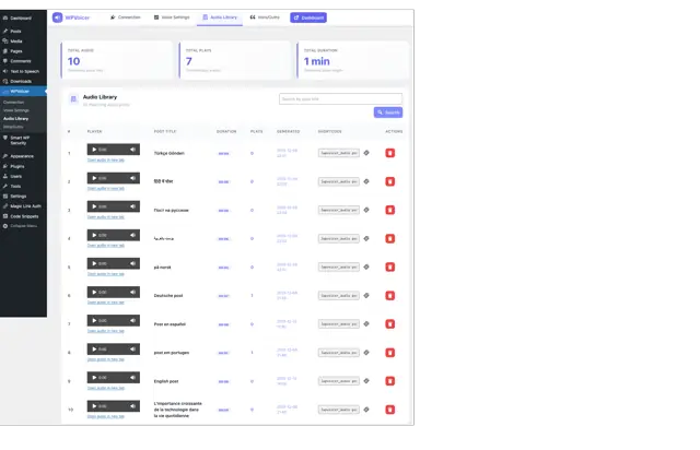 WPVoicer audio library screen