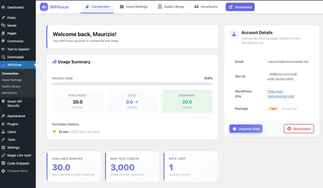 WPVoicer connection dashboard in WordPress