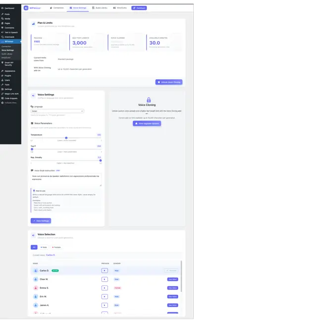 WPVoicer voice settings screen