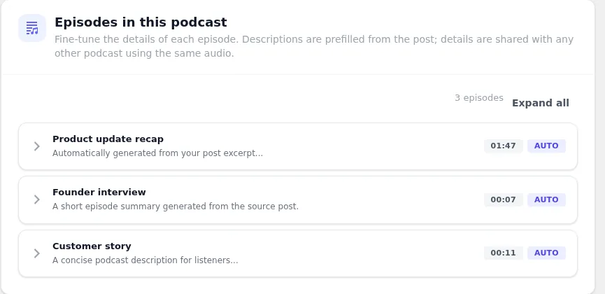 WPVoicer per-podcast episode management screen
