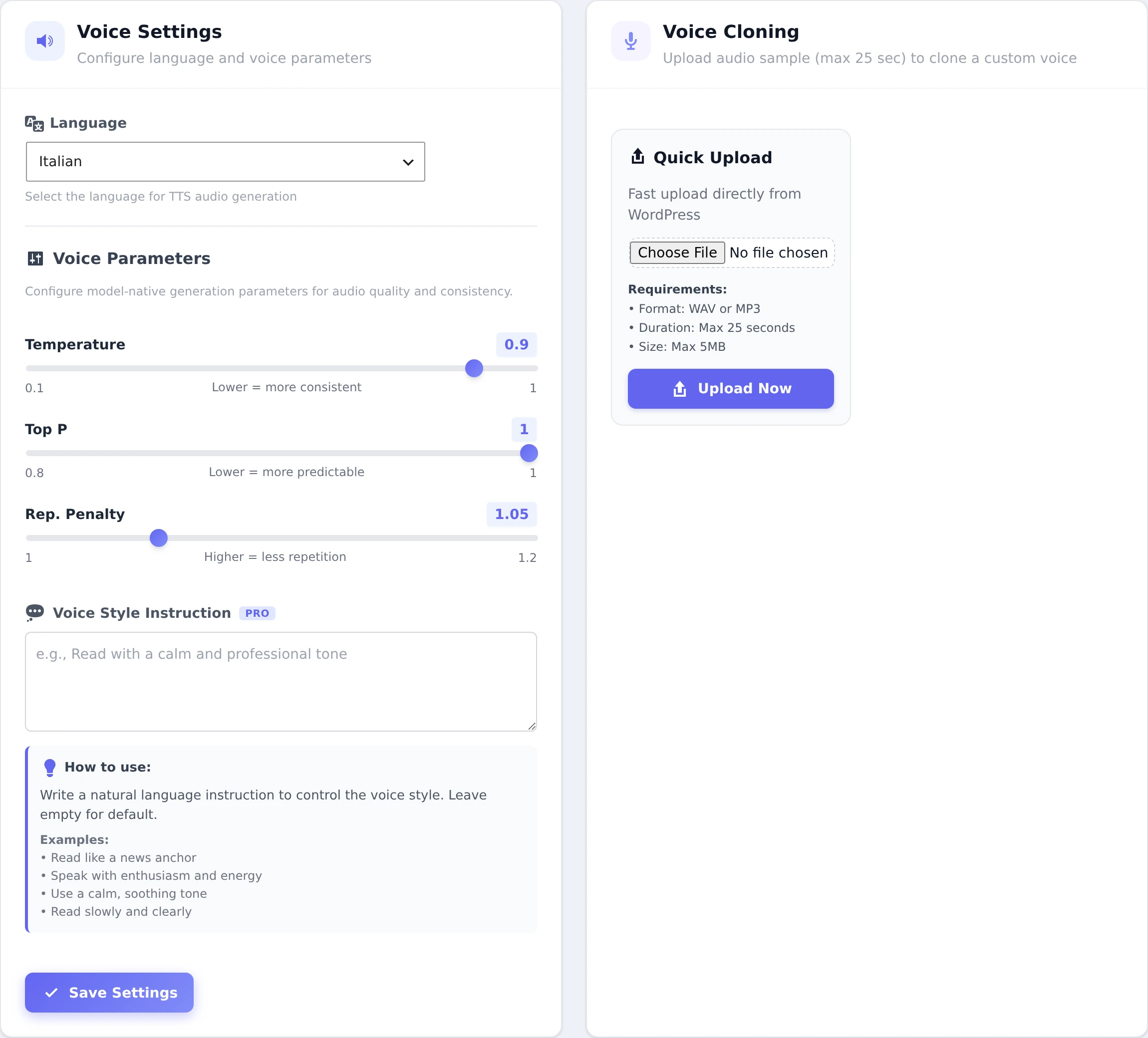 WPVoicer Voice Settings and Voice Cloning upload inside WordPress: language, voice parameters and custom voice sample upload